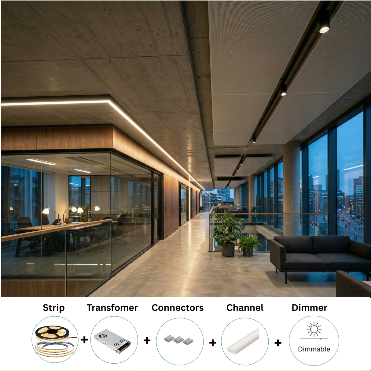 Standard 305 Lumens Per Foot LED Dimmable Strip Light Package: Includes strip light, driver, connectors, channel, and diffuser.