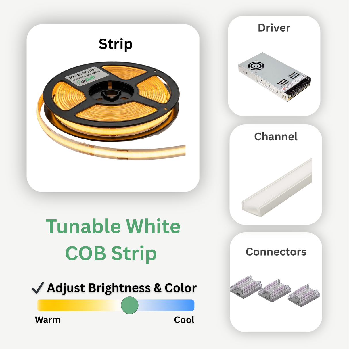 Color Temp Tunable (CCT) LED Strip Lights Light Kit: Includes strip light, driver, dimmer, connectors, channel, and diffuser.