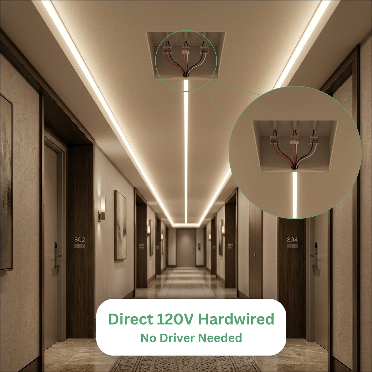 120V Hardwired LED Strip Lights Lighting Kit: Includes strip light, driver, connectors, channel, and diffuser.