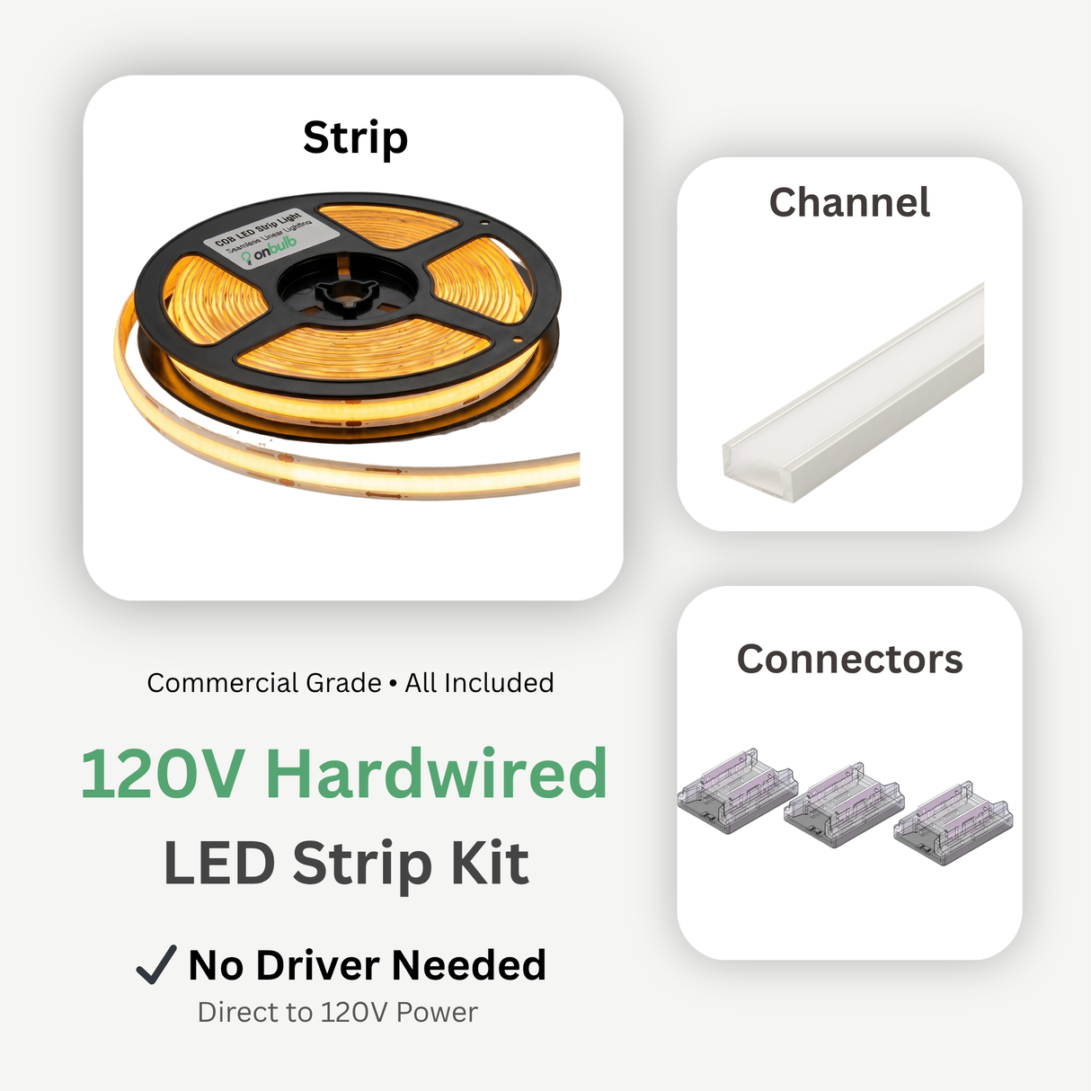 120V Hardwired LED Strip Lights Lighting Kit: Includes strip light, driver, connectors, channel, and diffuser.