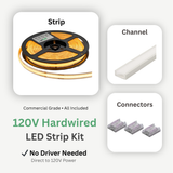 120V Hardwired LED Strip Lights Lighting Kit: Includes strip light, driver, connectors, channel, and diffuser.