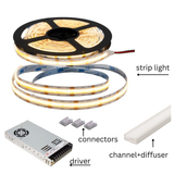 High CRI 95+ LED Strip Light Kit: Includes strip light, driver, connectors, channel, and diffuser.