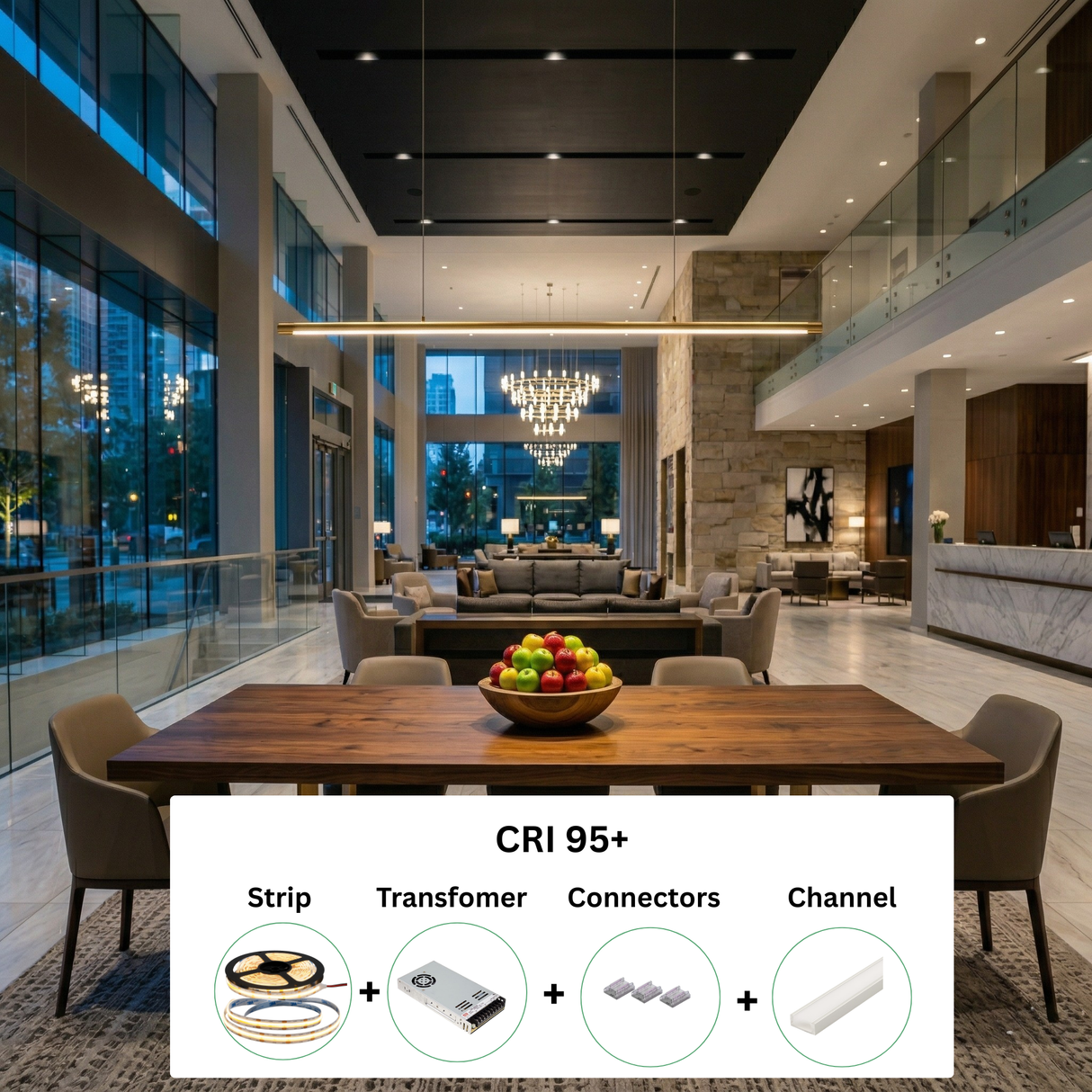 High CRI 95+ LED Strip Light Kit: Includes strip light, driver, connectors, channel, and diffuser.