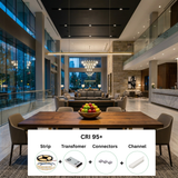 High CRI 95+ LED Strip Light Kit: Includes strip light, driver, connectors, channel, and diffuser.
