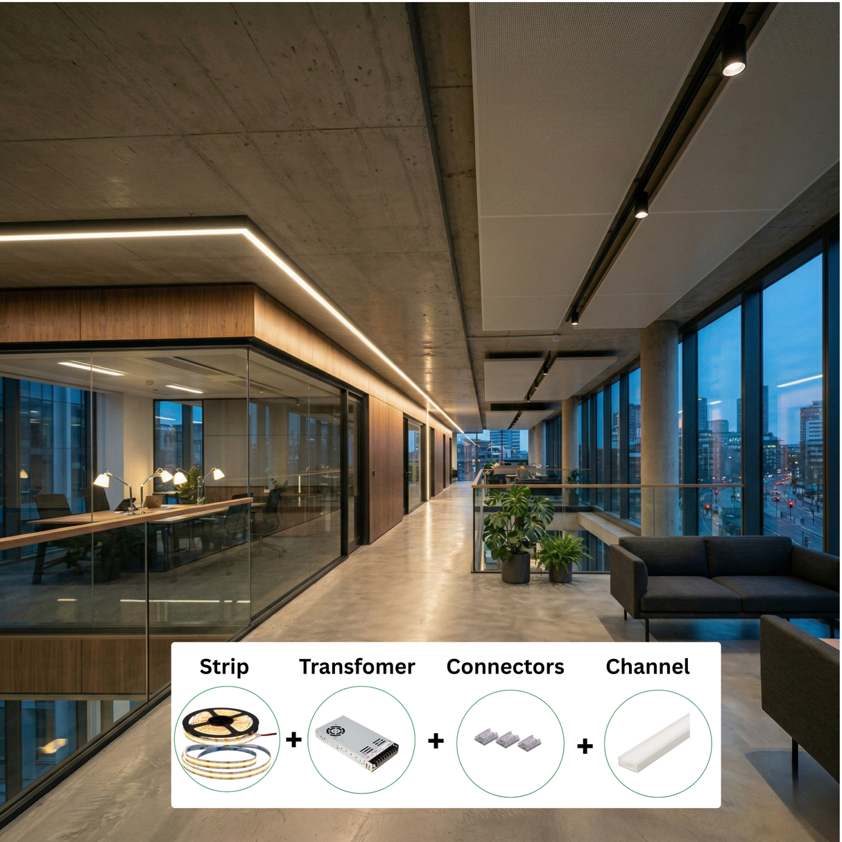 Standard 305 Lumens Per Foot LED Strip Lighting Kit: Includes strip light, driver, connectors, channel, and diffuser.