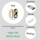 High CRI 95+ LED Strip Light Kit: Includes strip light, driver, connectors, channel, and diffuser.