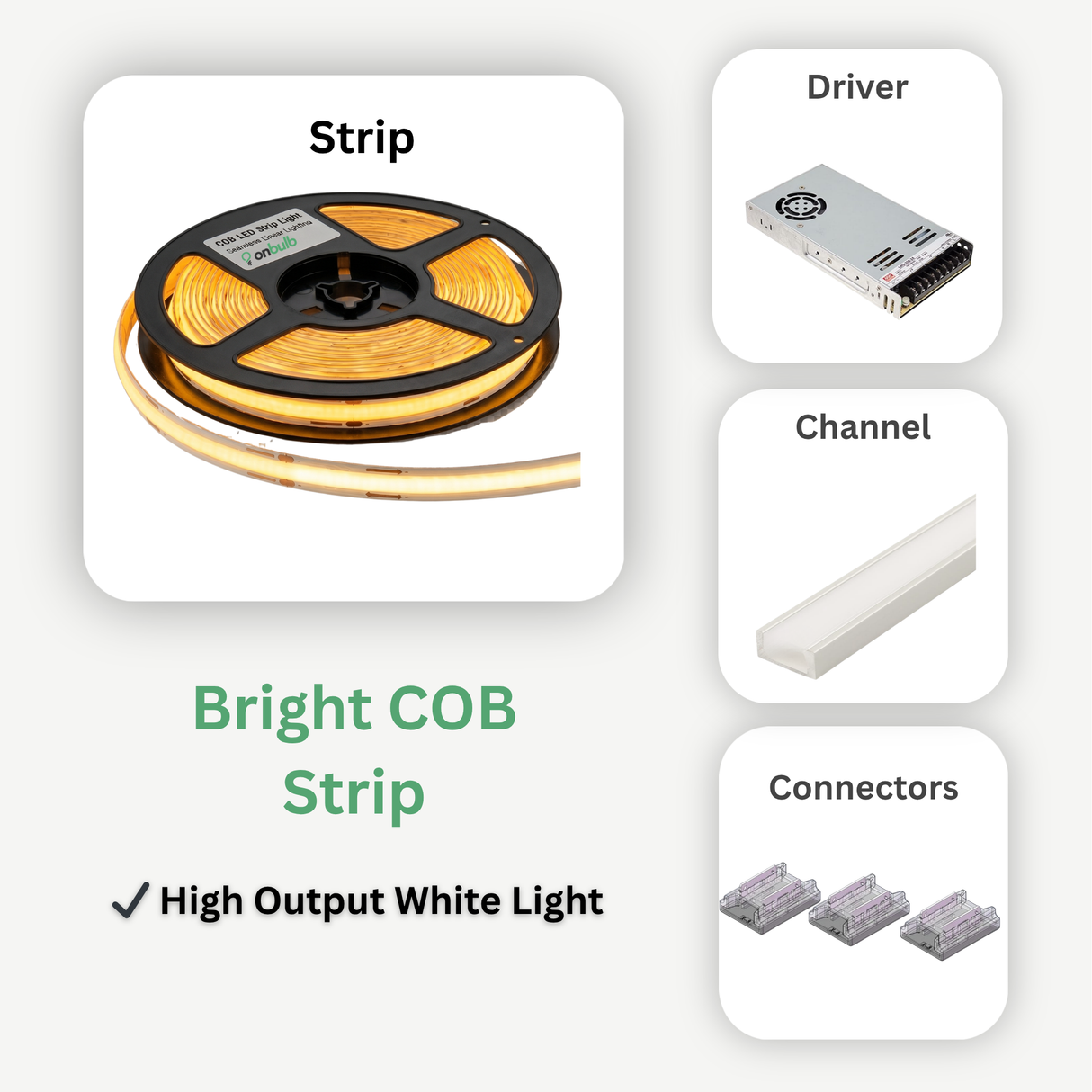 High Output 853 Lumens Per Foot LED Strip Lighting Kit: Includes strip light, driver, connectors, channel, and diffuser.