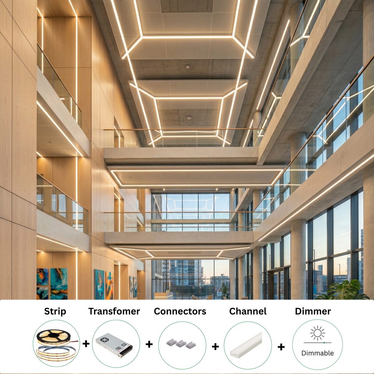 High Output 853 Lumens Per Foot Dimmable LED Strip Light Package: Includes strip light, driver, dimmer, connectors, channel, and diffuser.