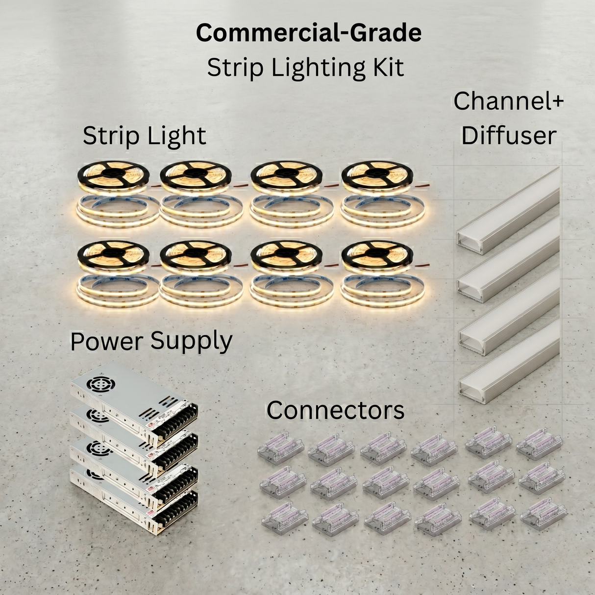 High Output Outdoor/Waterproof 853 Lumens Per Foot LED Strip Lighting Kit: Includes strip light, driver, connectors, channel, and diffuser.